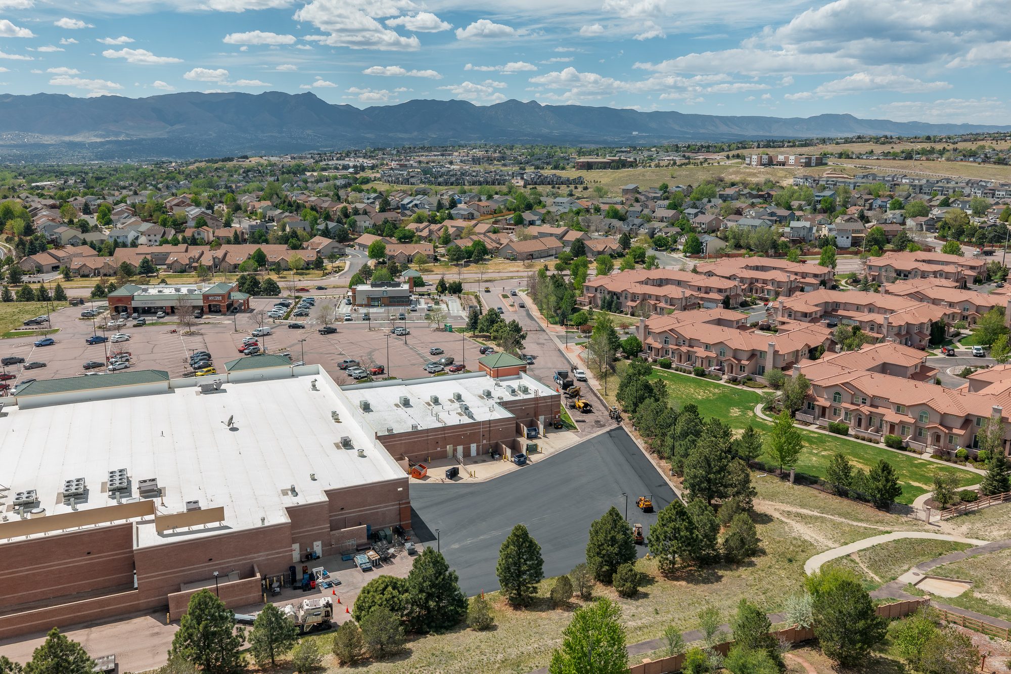 Aerial view of a commercial pavement project on the Colorado Front Range